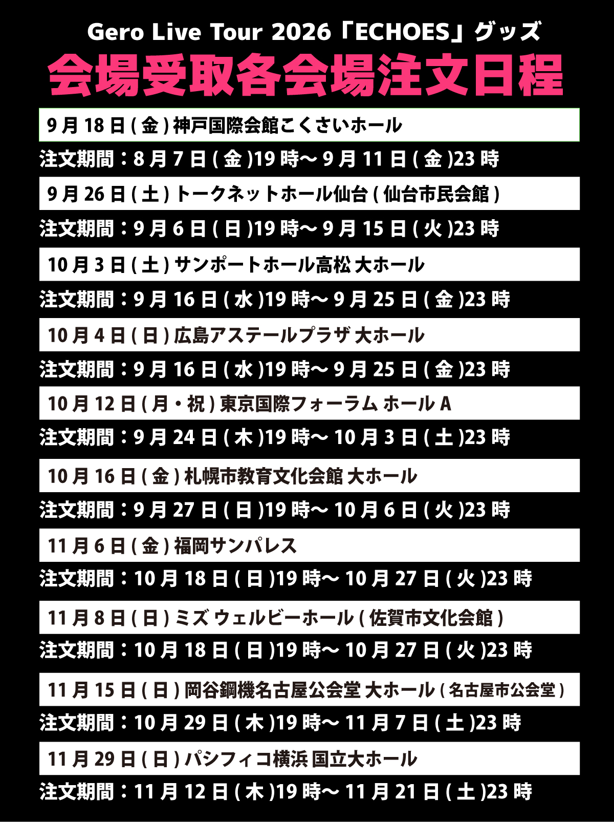 会場受け取り各会場注文日程